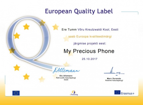 “My Precious Phone” projekt tõi koolile Euroopa kvaliteedimärgi